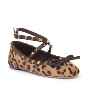 Valentino Garavani Rockstud Leopard Ankle-Strap Ballerina Flats size 39